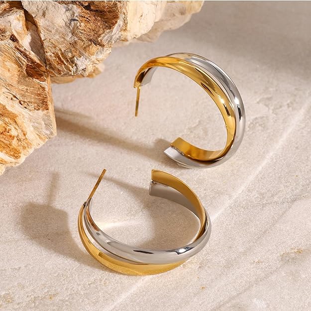 Two Tone Hoop Earrings-Gold Silver Chunky Twisted Hoops