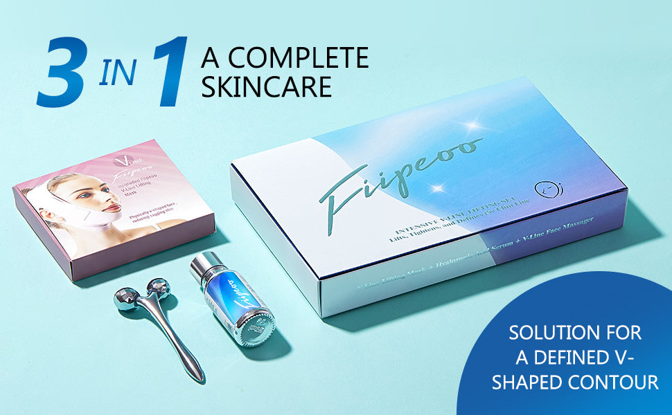 V Line Lifting Kit for Women, Double Chin Strap w/ 3D Face Roller & Hyaluronic Acid Serum