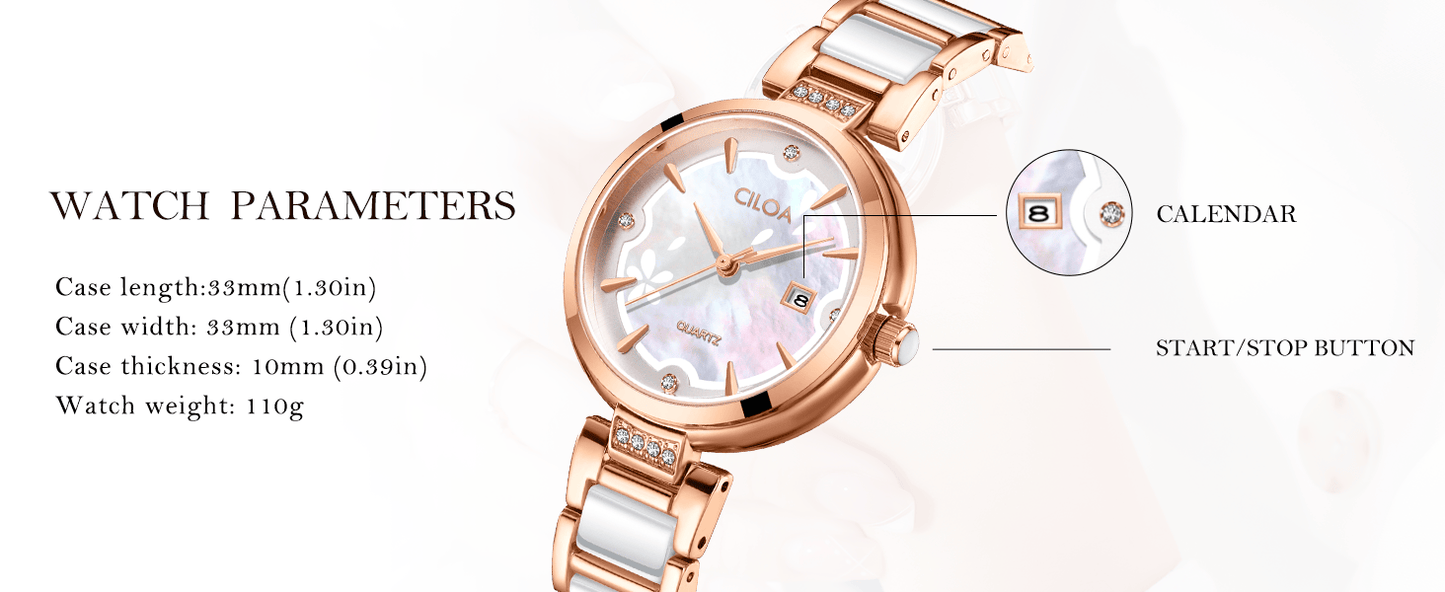 Women's Ceramic Bracelet Watch Luxury Diamond - ROSE Gold / White