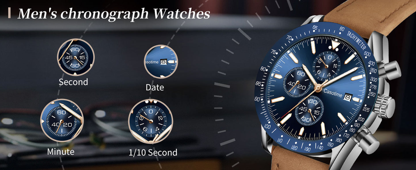 Watch Men Leather Band Chronograph 45mm, 30M Waterproof Quartz - BLUE
