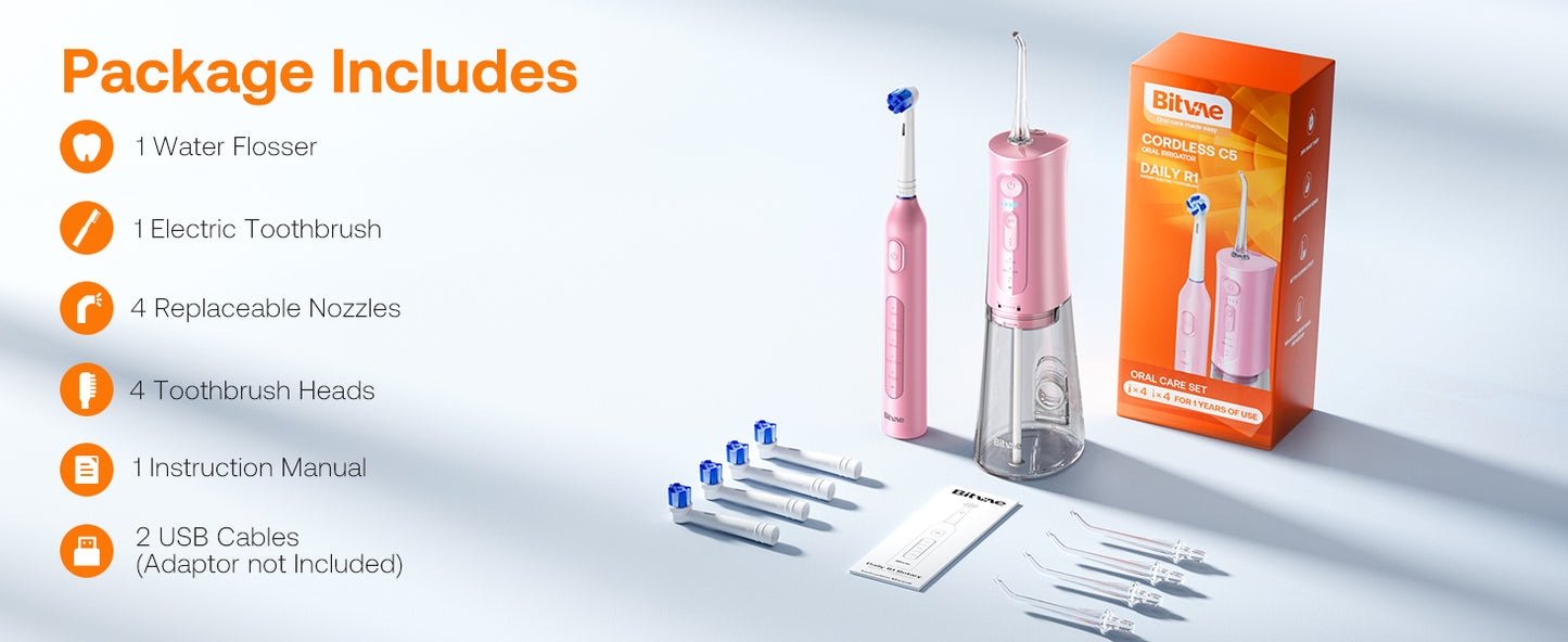 Water Dental Flosser Teeth Picks & Cordless toothbrush - PINK