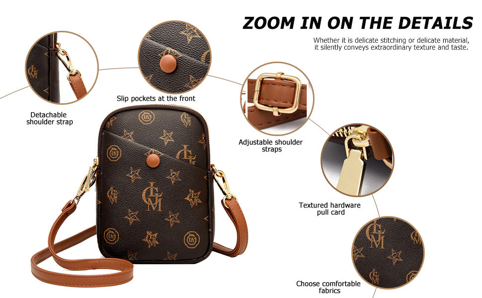 Women Small Vertical Cell Phone Purses Vintage Print Crossbody Bags - Brown