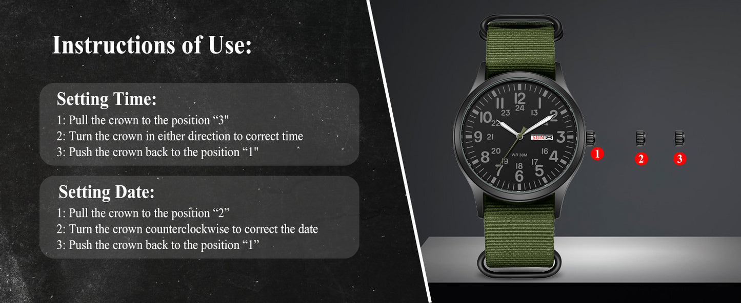 Men's Tactical Military Watch Green Nylon Strap - BLACK face 40mm
