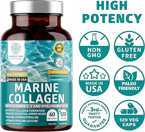 Marine Collagen Dipeptides with Hyaluronic Acid, Vitamin C - For healthy skin.