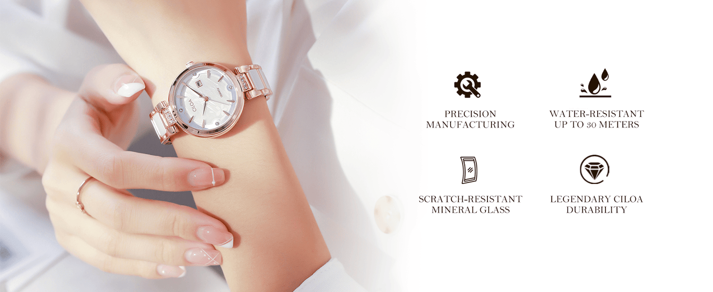 Women's Ceramic Bracelet Watch Luxury Diamond - ROSE Gold / White