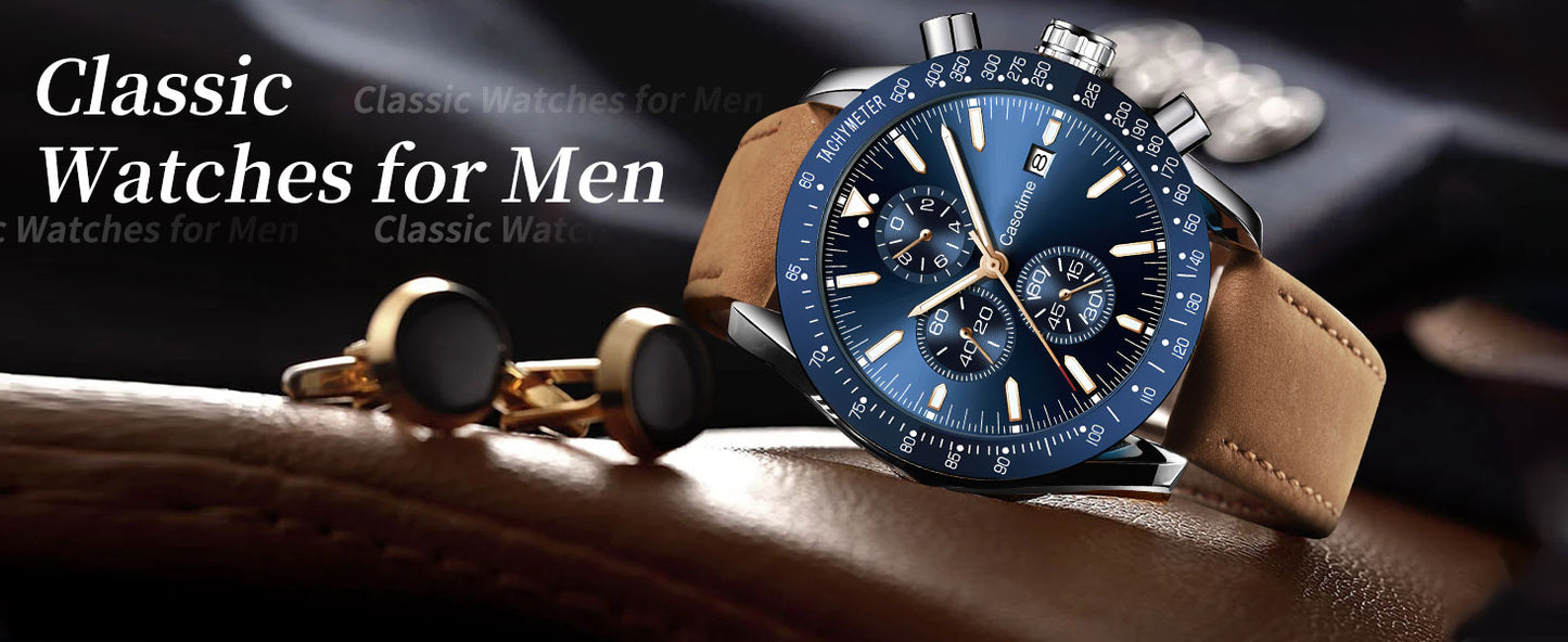 Watch Men Leather Band Chronograph 45mm, 30M Waterproof Quartz - BLUE
