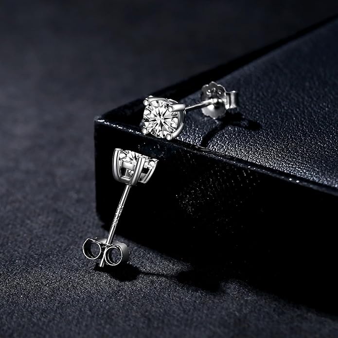 Cubic Zirconia Earrings Silver Stud Earrings Solid 14K White Gold - 1CT