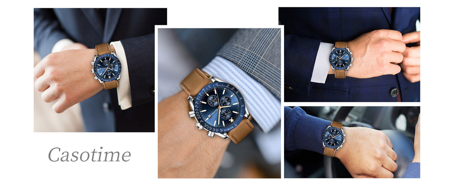 Watch Men Leather Band Chronograph 45mm, 30M Waterproof Quartz - BLUE
