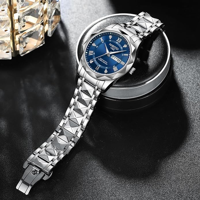 Watch Men Analog Quartz Diamond Stainless Steel Waterproof 42mm
