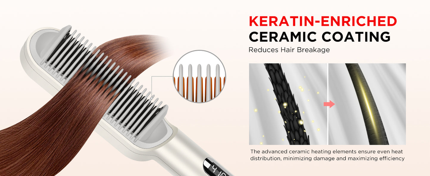 Hair Straightener Brush, 20s Fast Heating, Negative Ions Hair Straightening Comb with Less Frizz