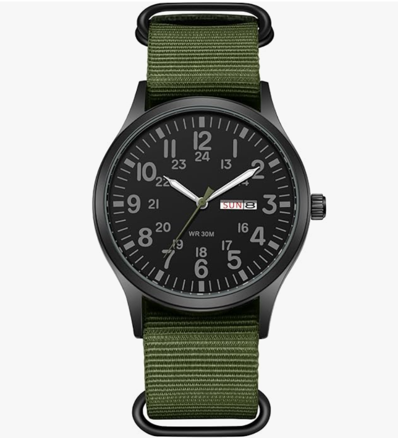 Men's Tactical Military Watch Green Nylon Strap - BLACK face 40mm