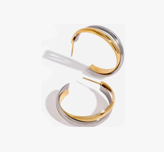 Two Tone Hoop Earrings-Gold Silver Chunky Twisted Hoops