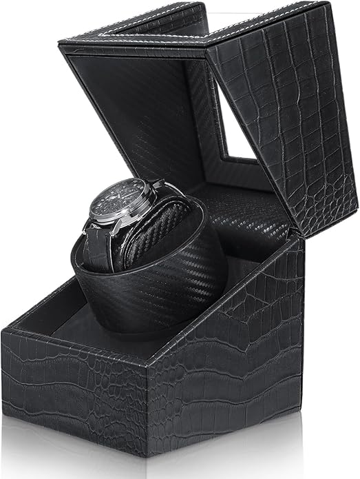 Single Watch Winder, Black Watch Winder Crocodile Pattern Leather