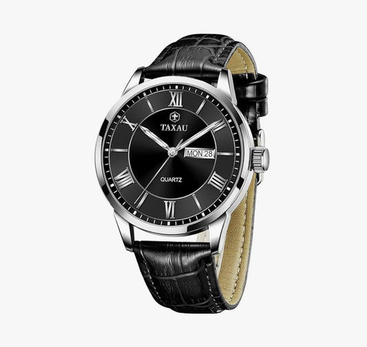 TAXAU Men's Watch Leather Luxury Dress Analog Quartz, 41mm- Black