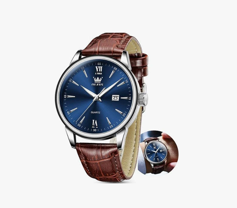 OLEVS Men Leather Watch, Elegant Big Face 41mm - Brown / Blue