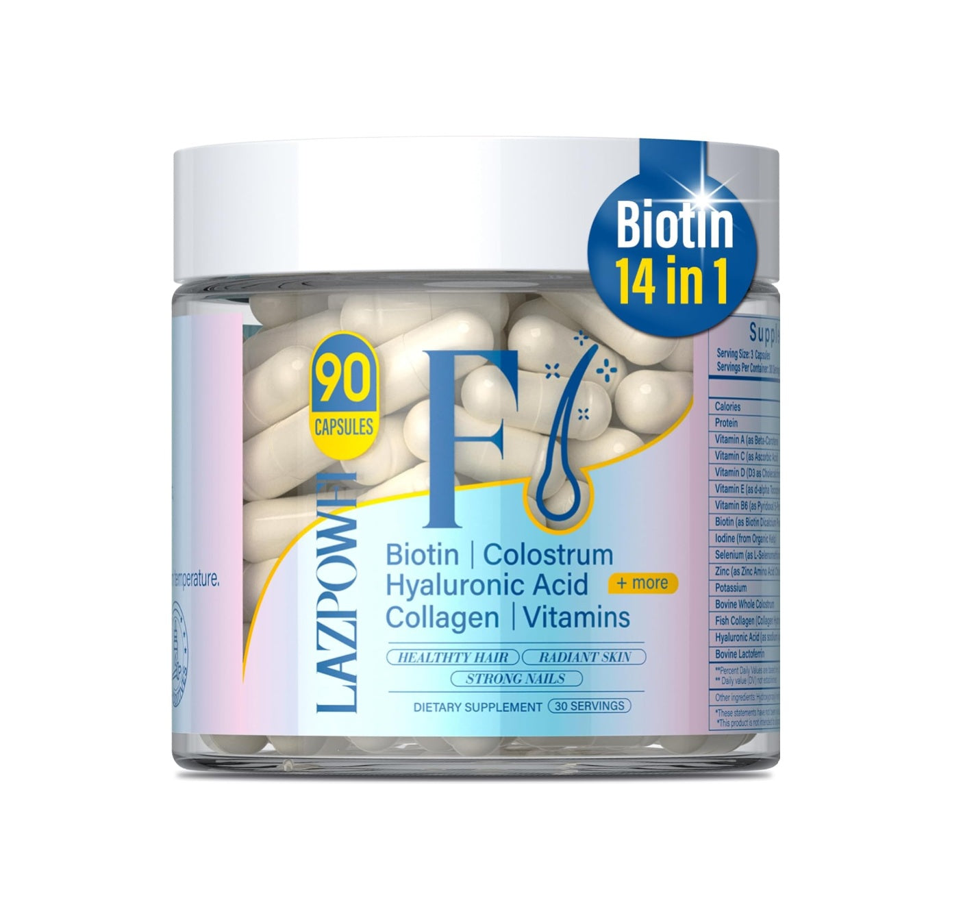 Hair Skin and Nails Vitamins, Biotin with Bovine Colostrum - 90 capsules
