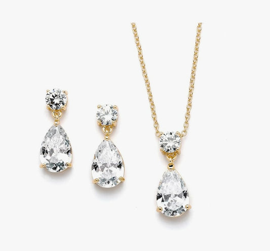 Mariell 14K Gold Plated CZ Teardrop Bridal Necklace and Earring Set