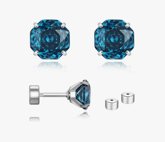 Stud Earrings - Surgical Steel Hypoallergenic Pierced Zircon Earrings - Moonlit Blue