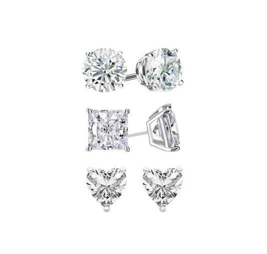 Stud Earrings Plated 6mm By Paris Jewelry - 3 Pair Round, Square And Heart