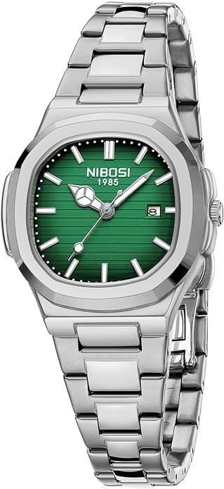 Watch Women Square Dial , Stainless Steel Waterproof Quartz, 30mm - SILVER/GREEN