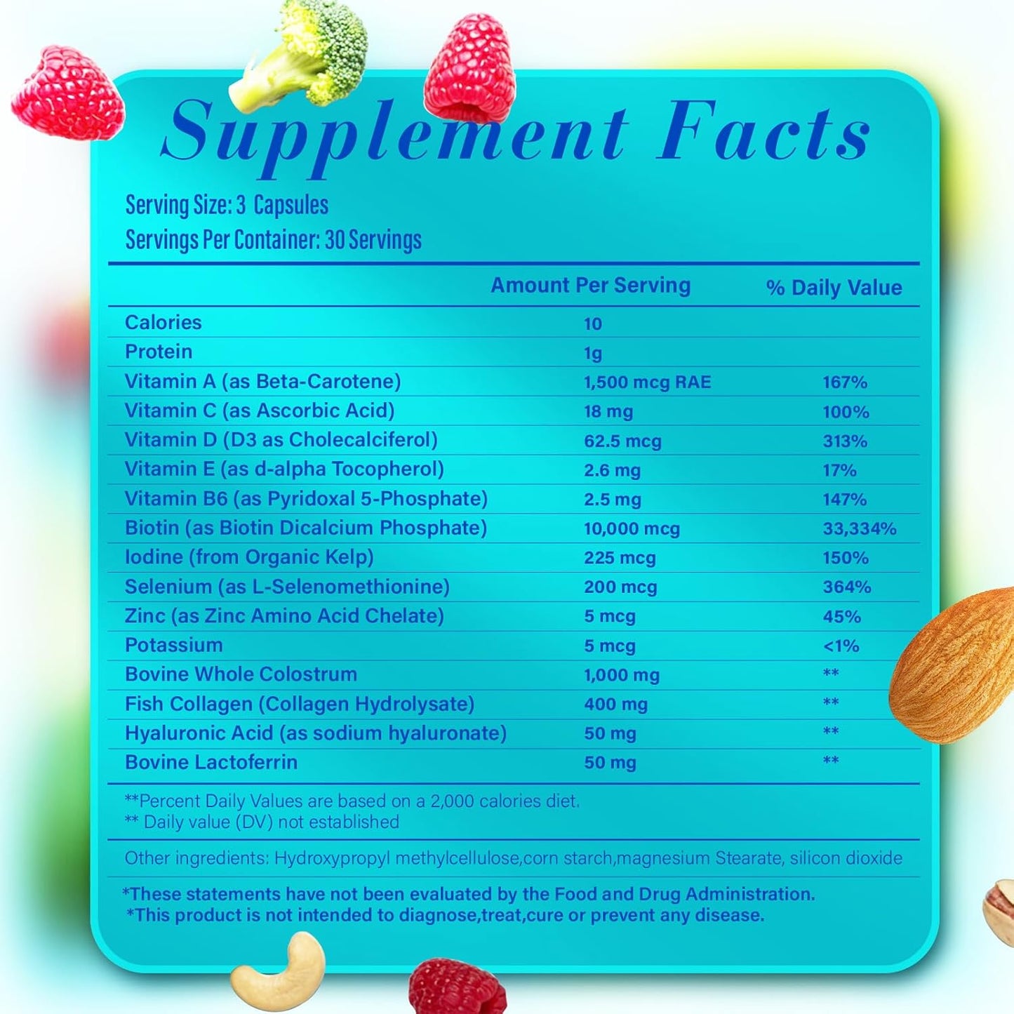 Hair Skin and Nails Vitamins, Biotin with Bovine Colostrum - 90 capsules