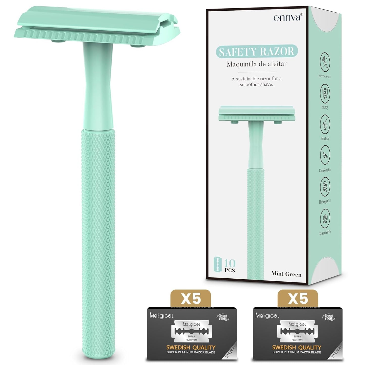 Safety Razor, Single Blade Razor with 10 Blades - Mint Green