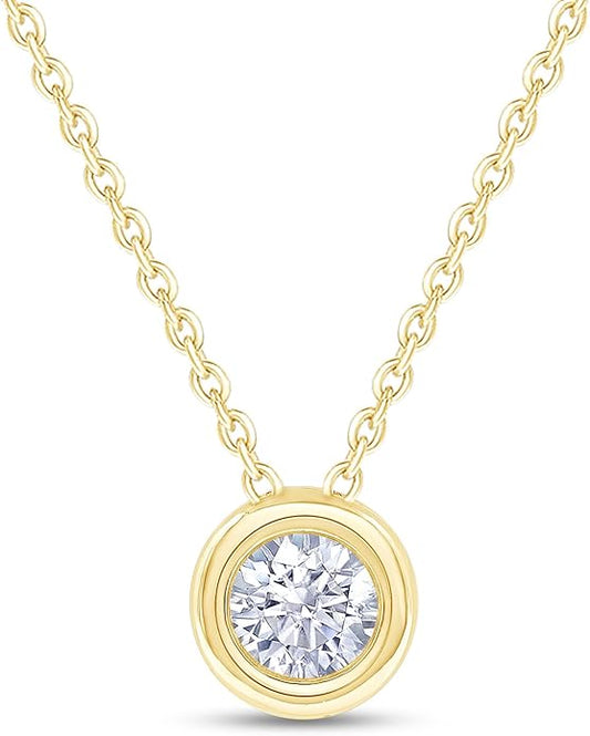 Necklace 18K Gold Plated Bezel-Set Solitaire, 6.5MM  Moissanite Diamond - 0.9 CT
