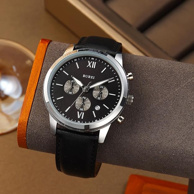 BUREI Fashion Men's Watch, Analogue Leather Strap Quartz Waterproof