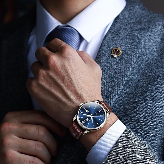 OLEVS Men Leather Watch, Elegant Big Face 41mm - Brown / Blue