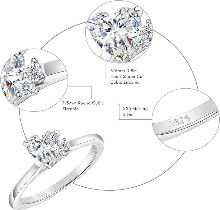925 Sterling Silver Heart Engagement Ring 0.8CT Dainty Birthstone - Size 6