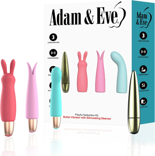 Adam & Eve Playful Seduction Sex Toy Kit, Bullet Vibrator & 3 Silicone Sleeves