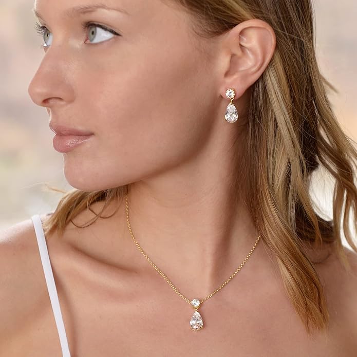 Mariell 14K Gold Plated CZ Teardrop Bridal Necklace and Earring Set