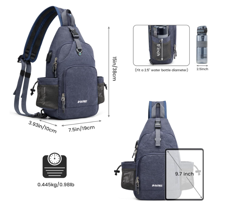 Sling Bag Canvas Crossbody Backpack with USB Charging Port