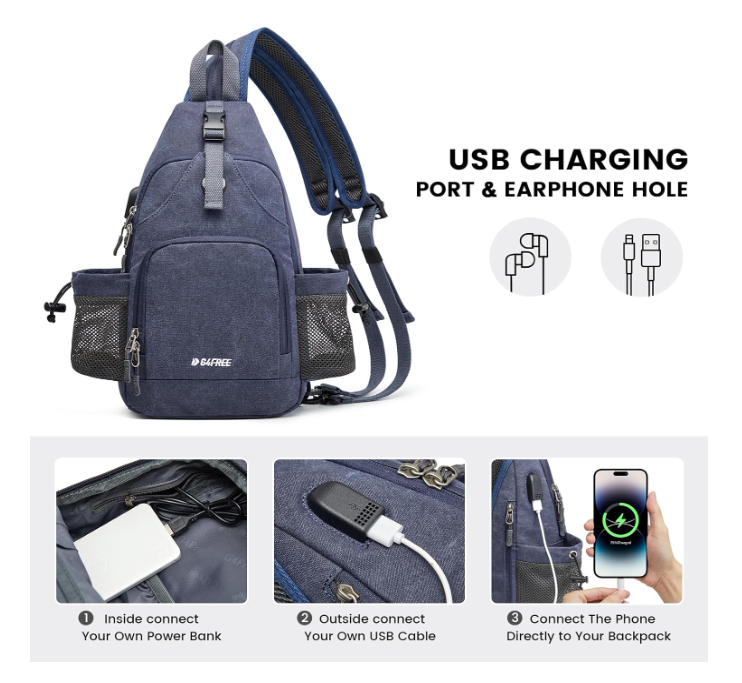 Sling Bag Canvas Crossbody Backpack with USB Charging Port