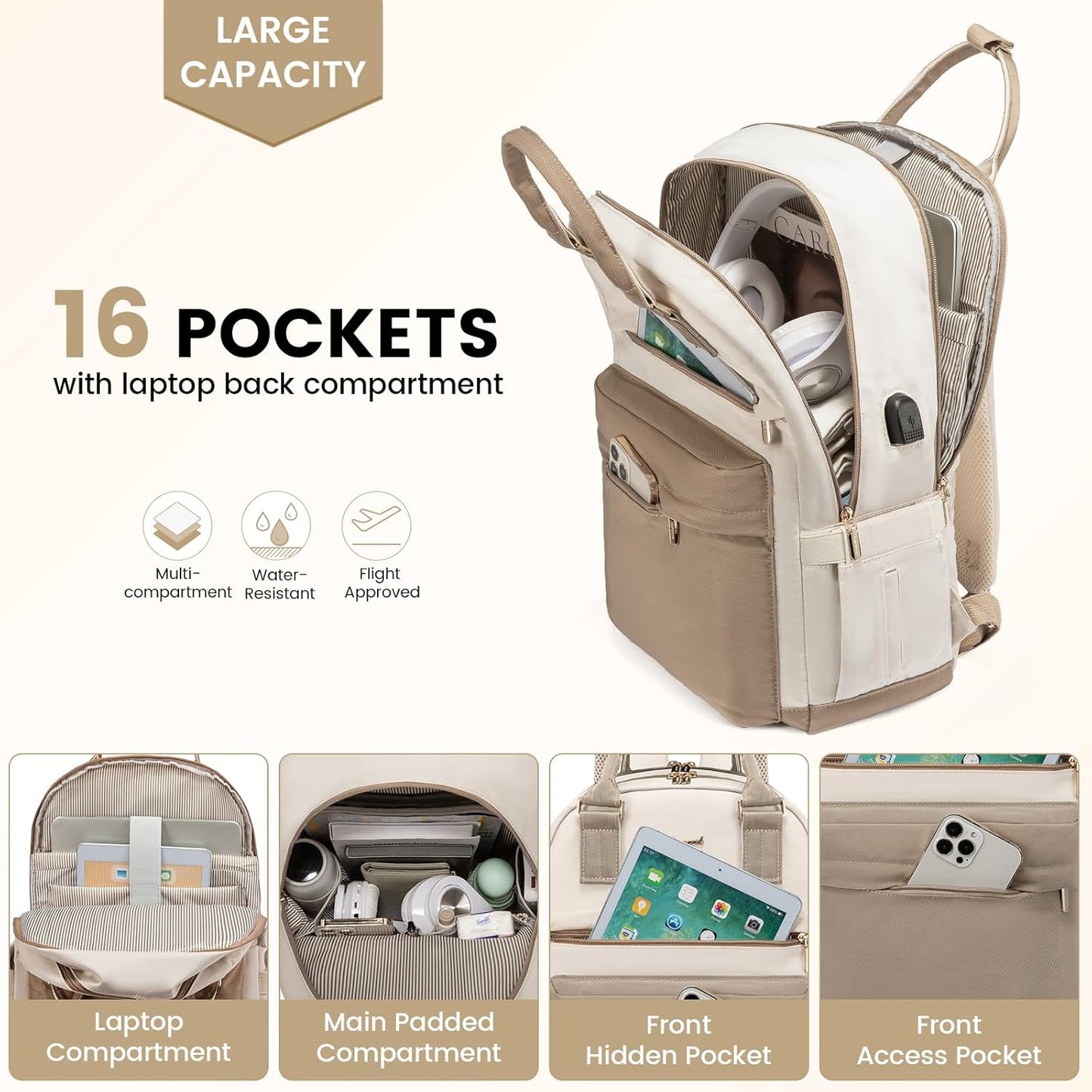 Backpack for Women 15.6 Inch - Khaki Beige