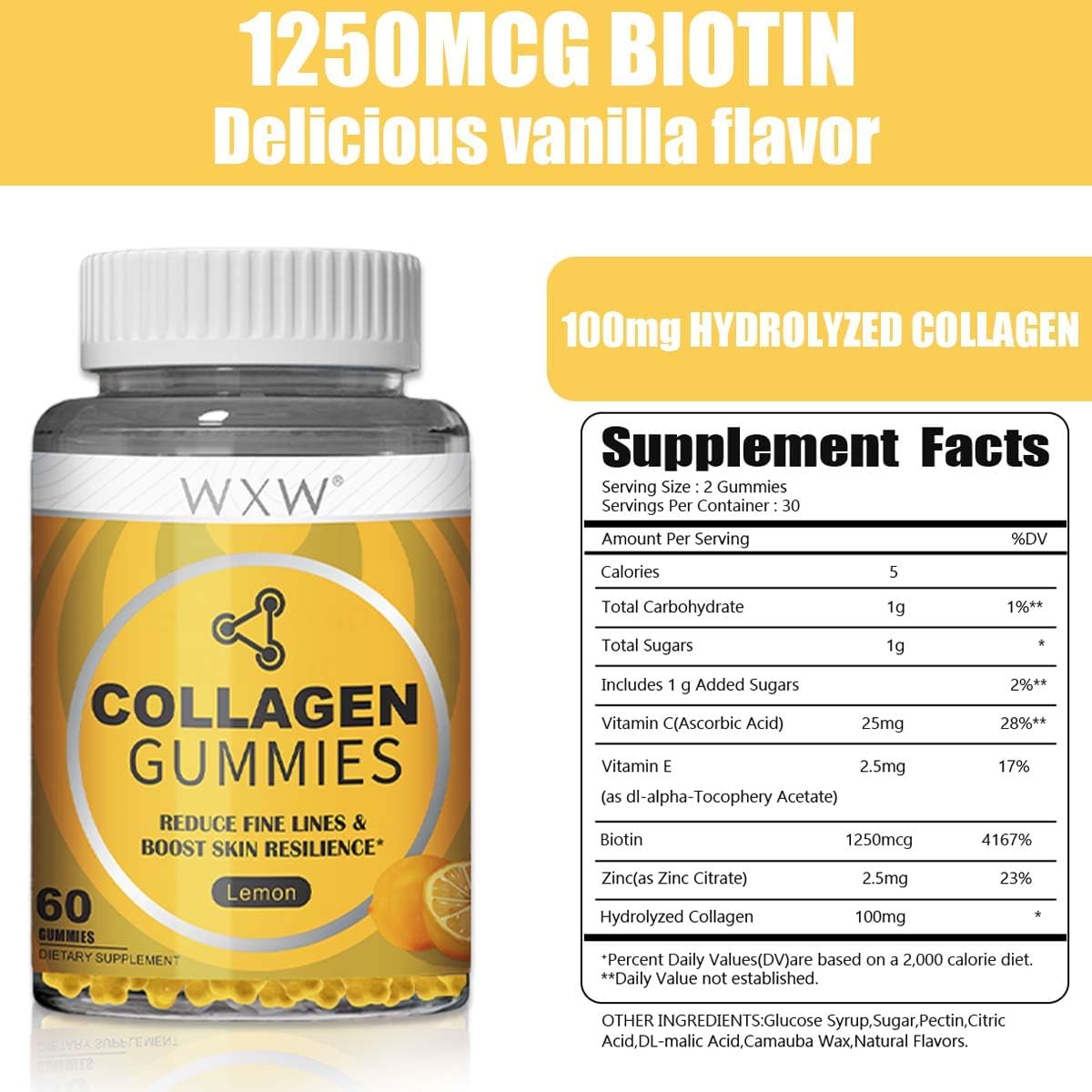 Collagen Peptides Gummies Non-GMO Anti-Aging Formula, Lemon- 60 pcs