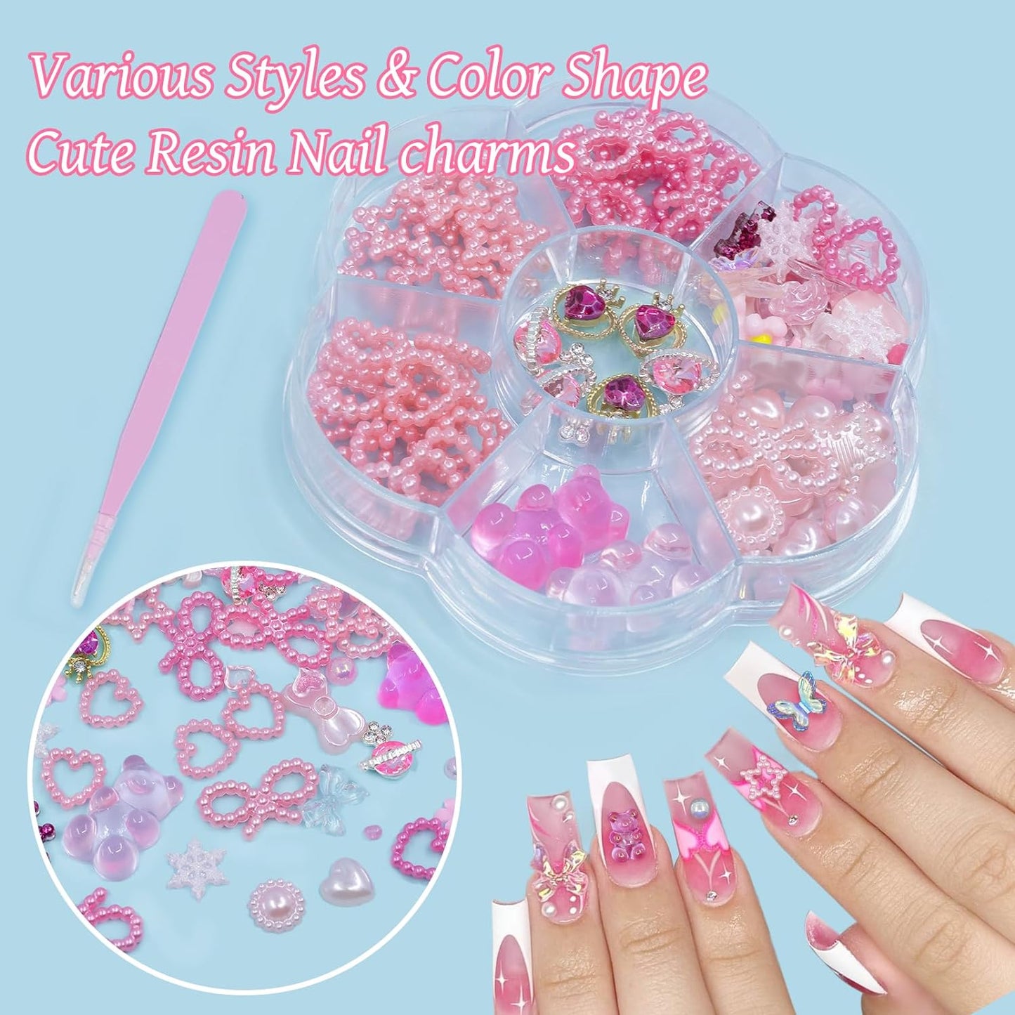 Nail Charms Bear Bows Heart Star- Pink Assorted