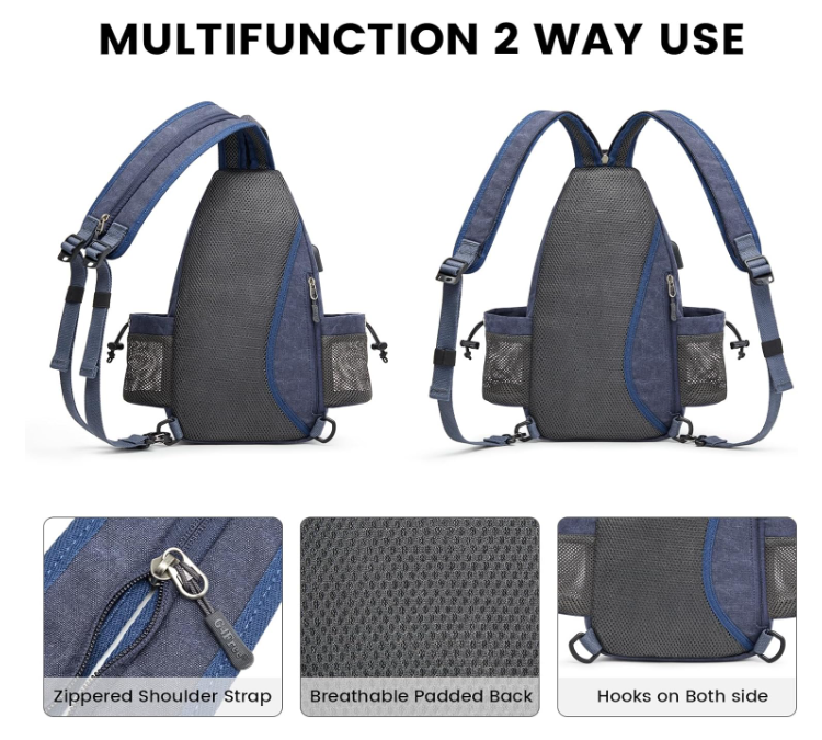 Sling Bag Canvas Crossbody Backpack with USB Charging Port