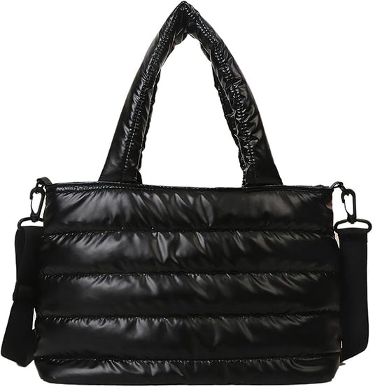 Puffer Tote Bag, Quilted Puffy Lightweight -Black