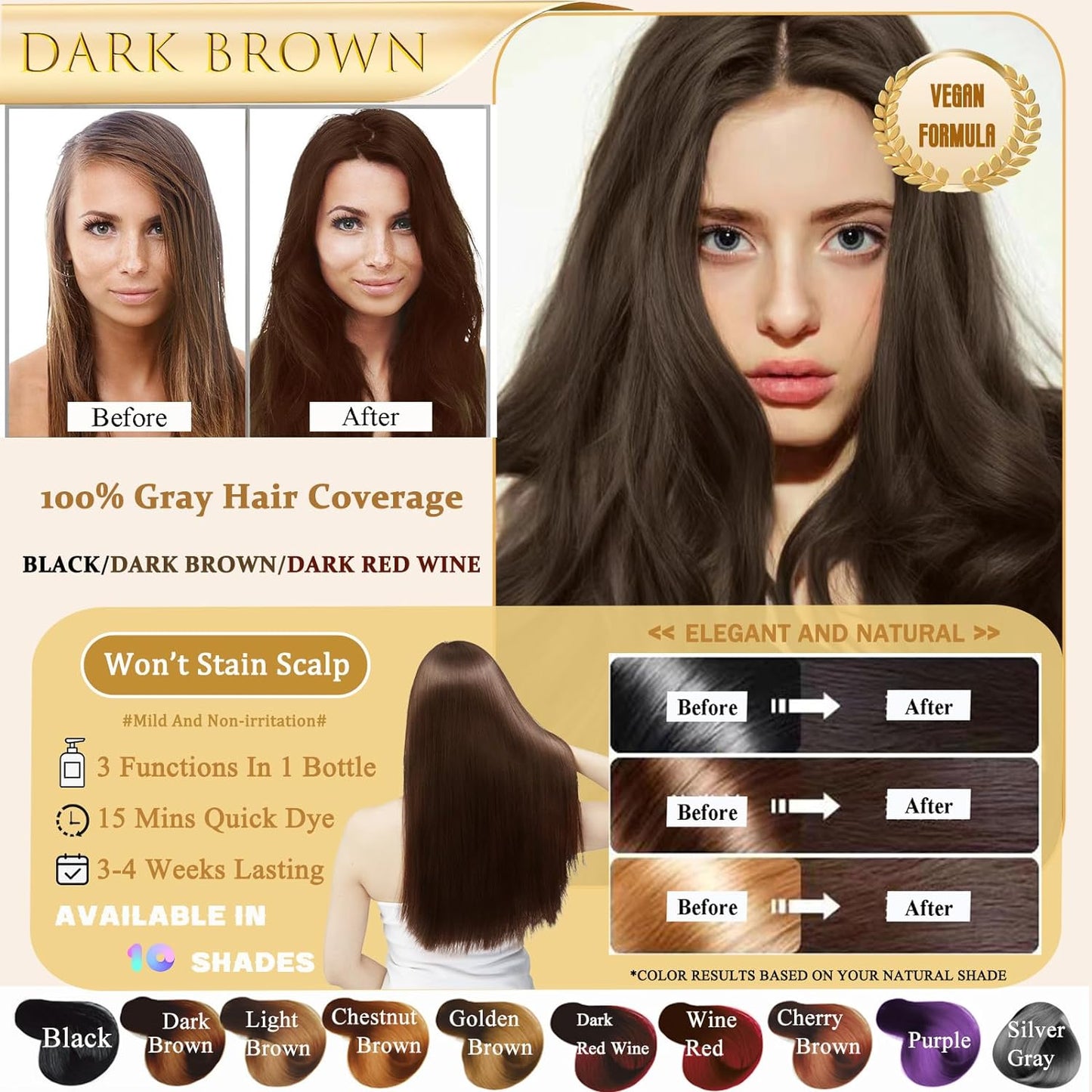 Hair Dye Shampoo for Women and Men, 3 In 1 - (DARK BROWN)