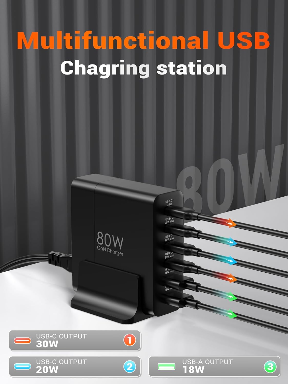 USB C Charger Block 80W, 6 Port Fast Charging Station