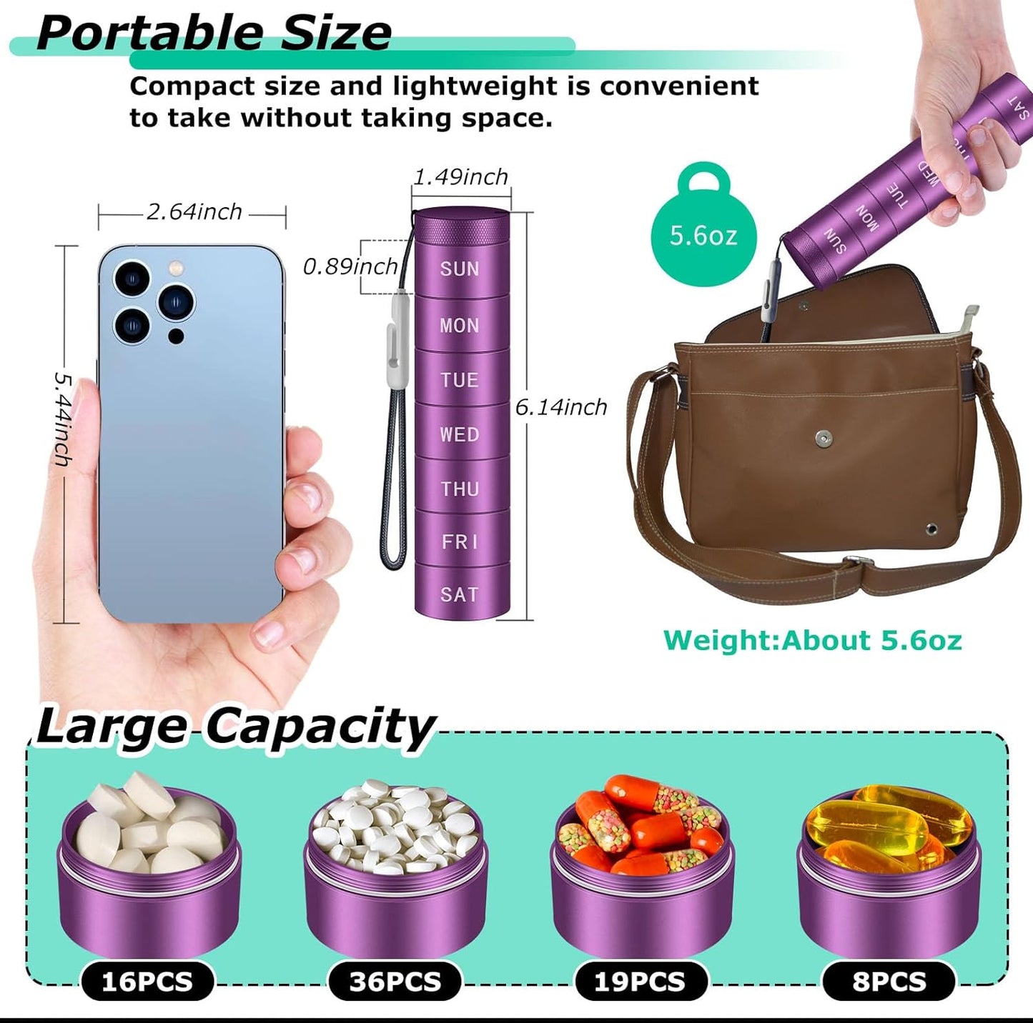 Pill Organizer, Weekly Waterproof Metal Pill Case.