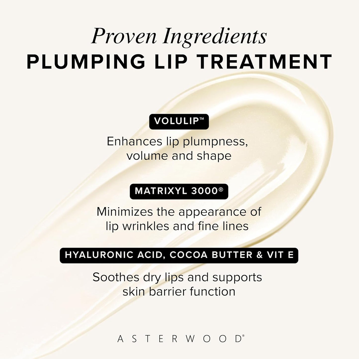 Asterwood Lip Treatment & Balm - with Volulip, Hyaluronic Acid, & Matrixyl 3000 - 0.5 Fl Oz