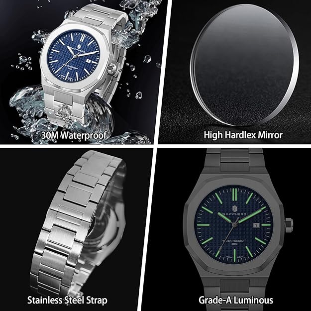 SAPPHERO Men's Watch Octagonal Stainless Steel - SILVER BLUE