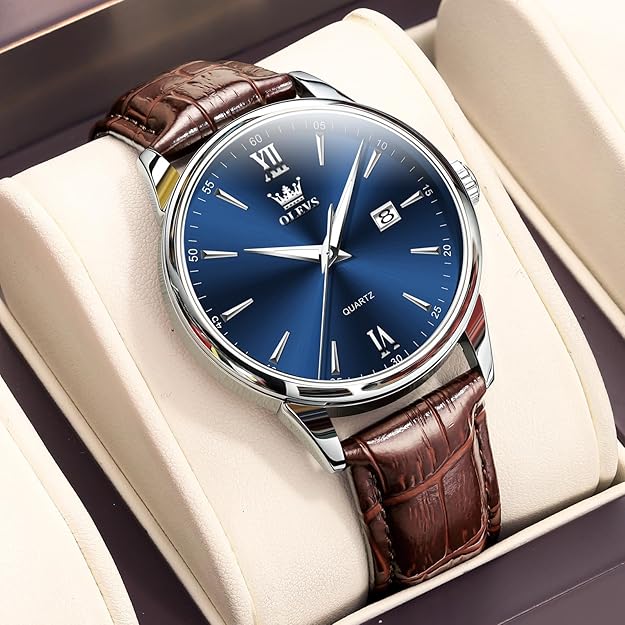 OLEVS Men Leather Watch, Elegant Big Face 41mm - Brown / Blue