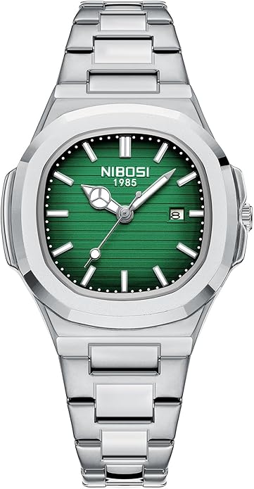 Watch Women Square Dial , Stainless Steel Waterproof Quartz, 30mm - SILVER/GREEN