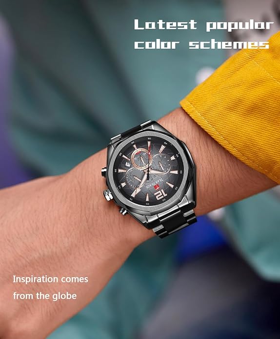 Watch for Men Stainless Steel Strap Waterproof Luminous Chronograph 46mm - BLACK