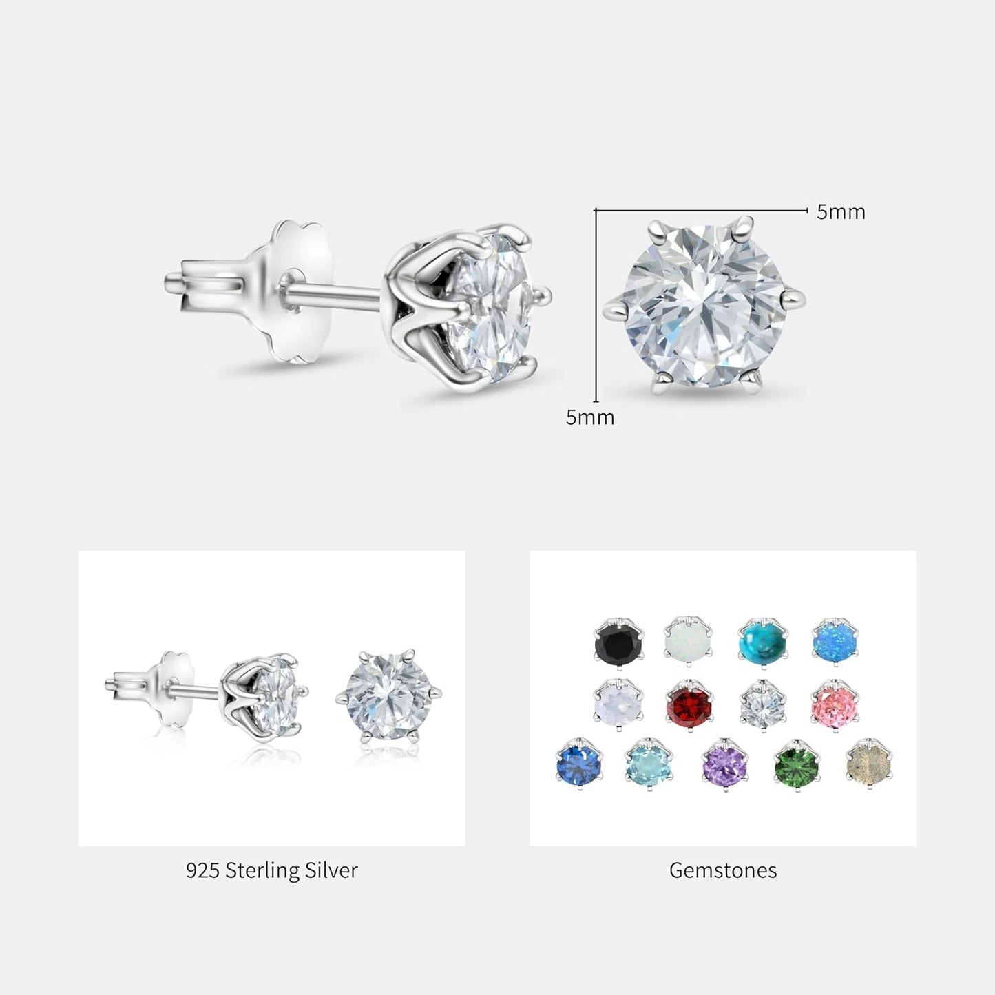 Sterling Silver Stud Earrings with White 925 CZ Gemstone