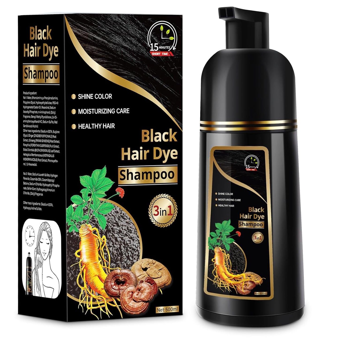 Black Hair Dye Shampoo 3 in 1, Herbal Color Shampoo - 500 ml