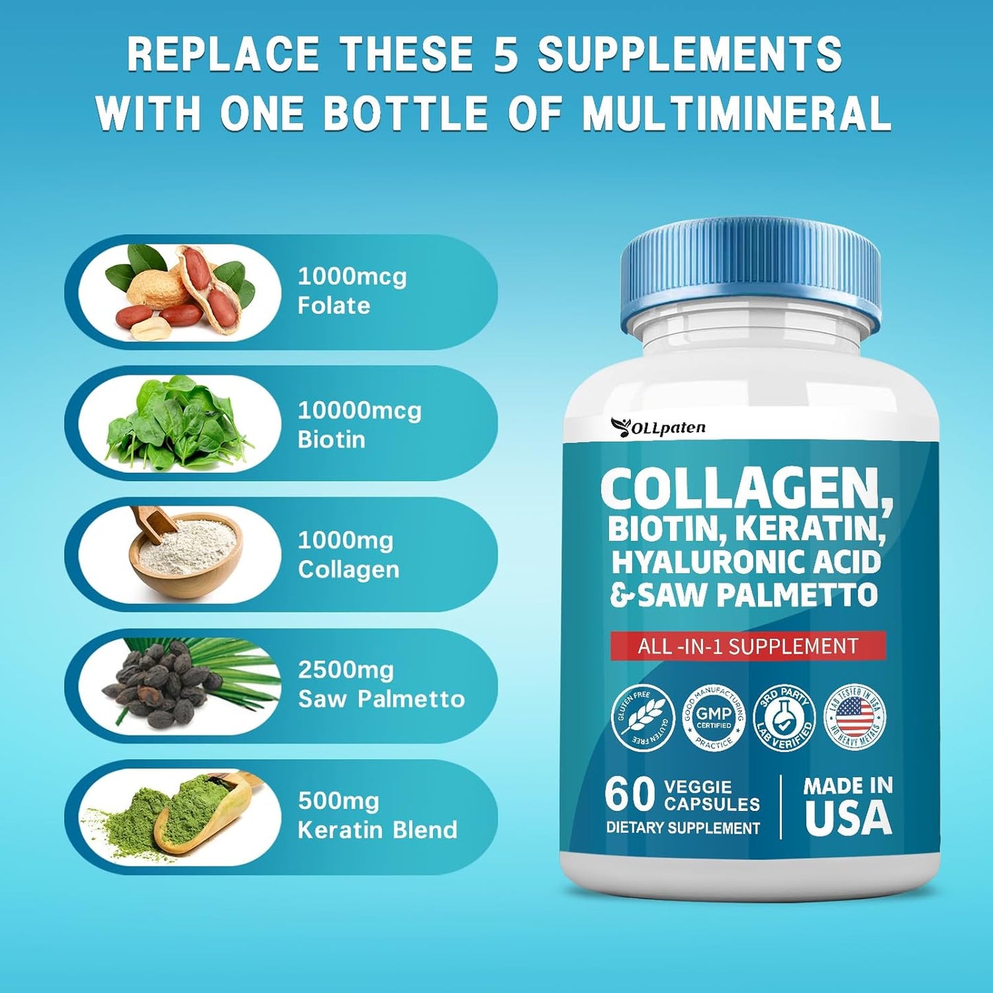 Collagen Pills 1000mg Biotin 10000mcg Keratin Saw Palmetto 2500mg Hyaluronic Acid